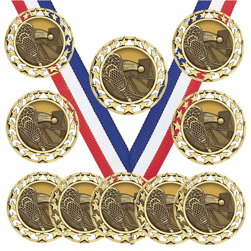 10 Pack of Lacrosse Gold Medals Trophy Award with Neck Ribbons SM