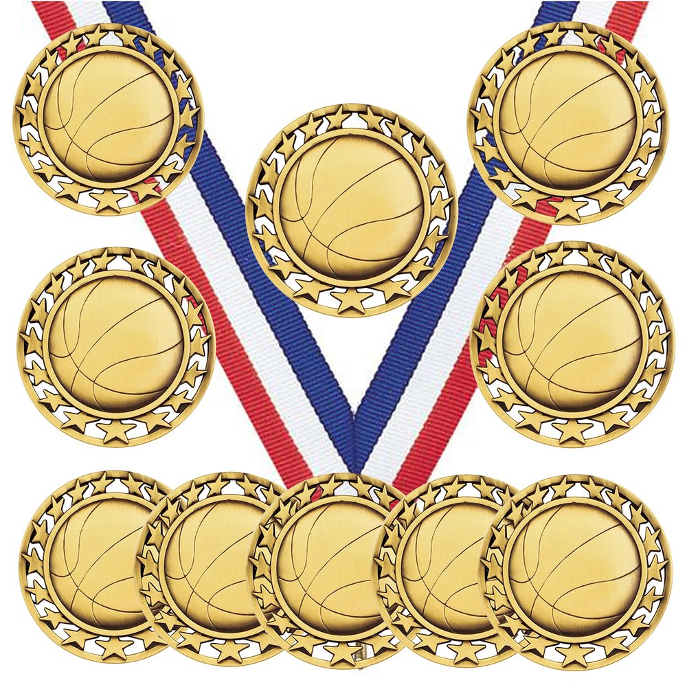 10 Pack of Basketball Gold Medals Trophy Award with Neck Ribbons SM