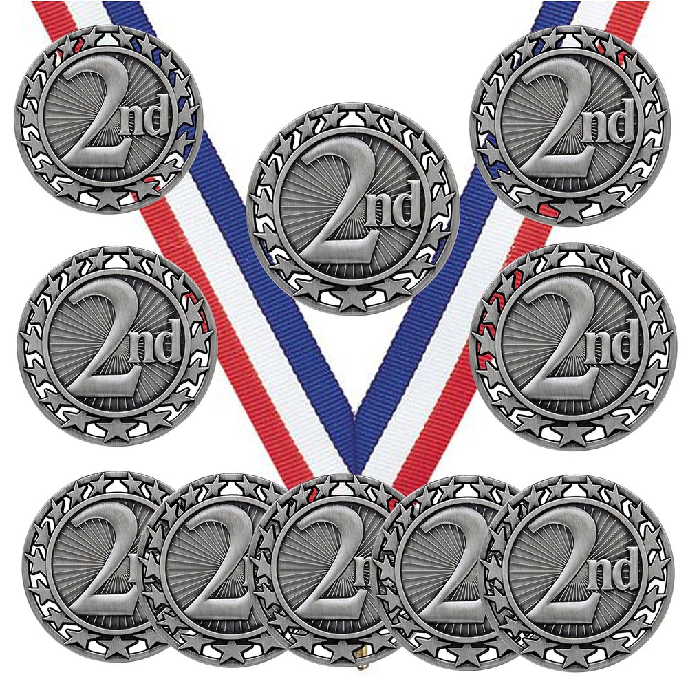 10 Pack of 2nd Place Silver Medals Trophy Award with Neck Ribbons SM