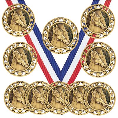 10 Pack of Track Gold Medals Trophy Award with Neck Ribbons SM