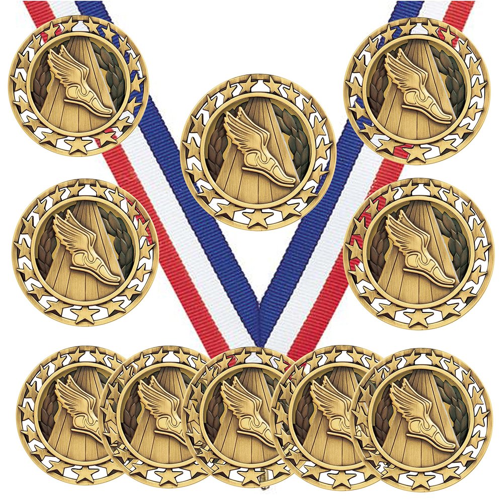 10 Pack of Track Gold Medals Trophy Award with Neck Ribbons SM