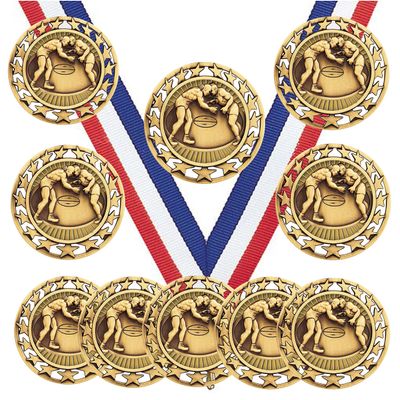 10 Pack of Wrestling Gold Medals Trophy Award with Neck Ribbons SM