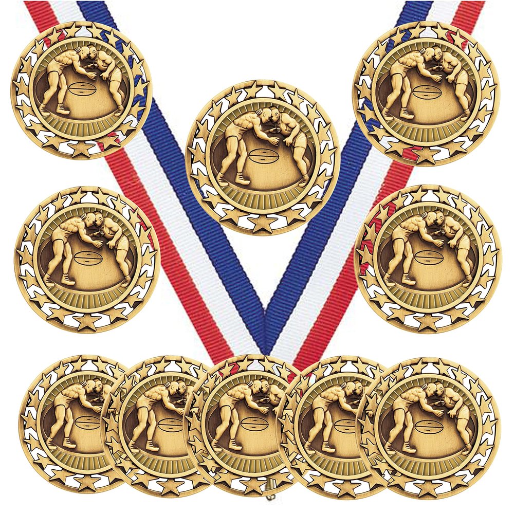 10 Pack of Wrestling Gold Medals Trophy Award with Neck Ribbons SM