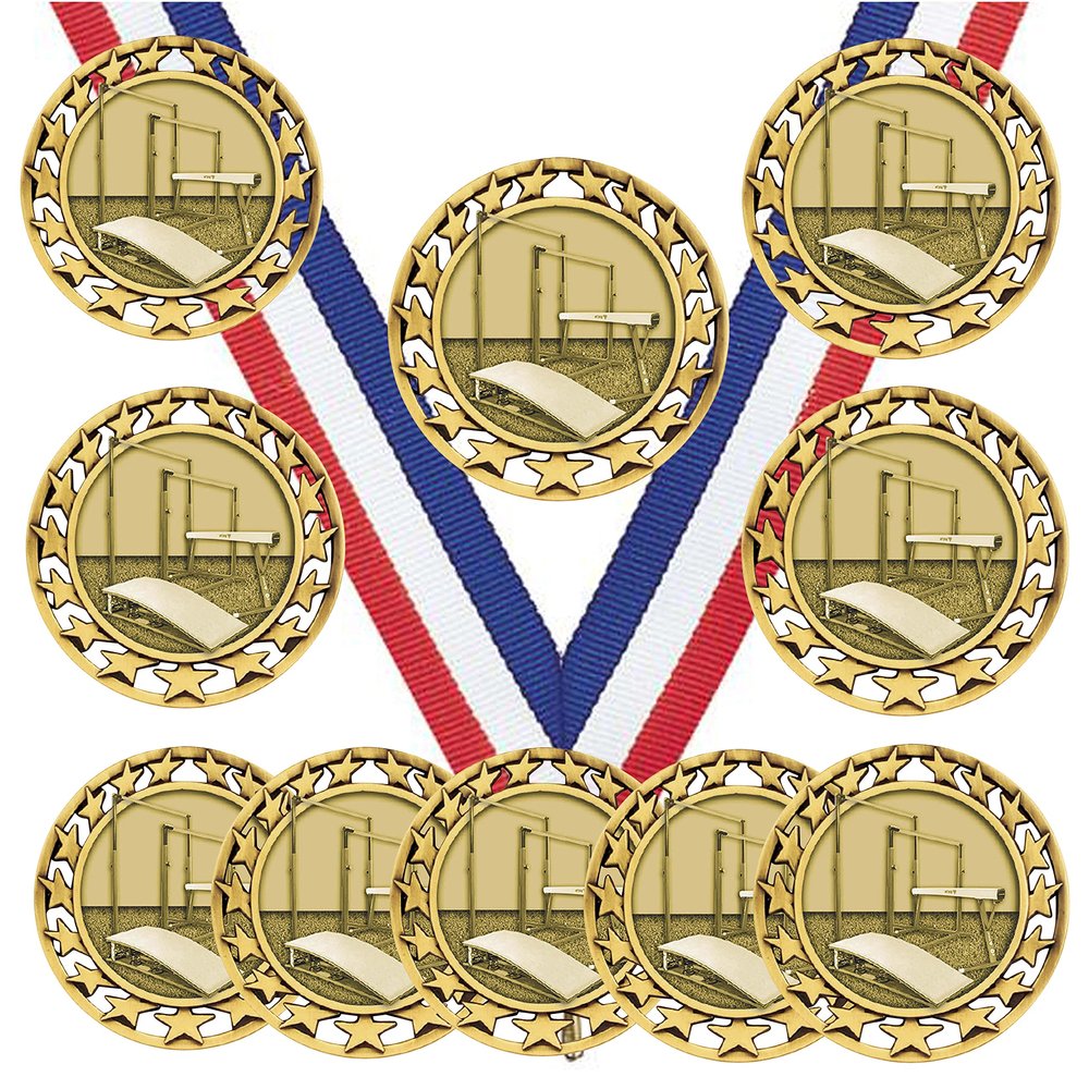 10 Pack of Gymnastics Gold Medals Trophy Award with Neck Ribbons SM