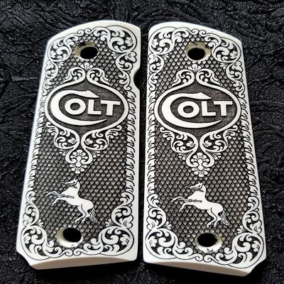 Colt 1911 Full Size 3D Engraved Faux Ivory Scrimshaw Grips Colt Rampant Horse Scroll