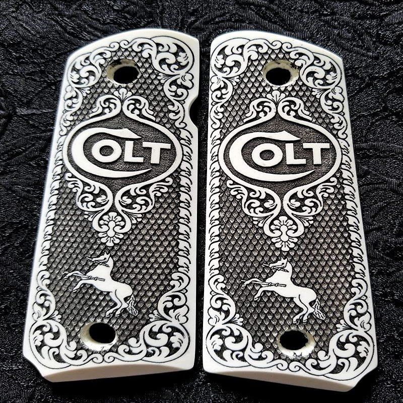 Colt 1911 Full Size 3D Engraved Faux Ivory Scrimshaw Grips Colt Rampant Horse Scroll