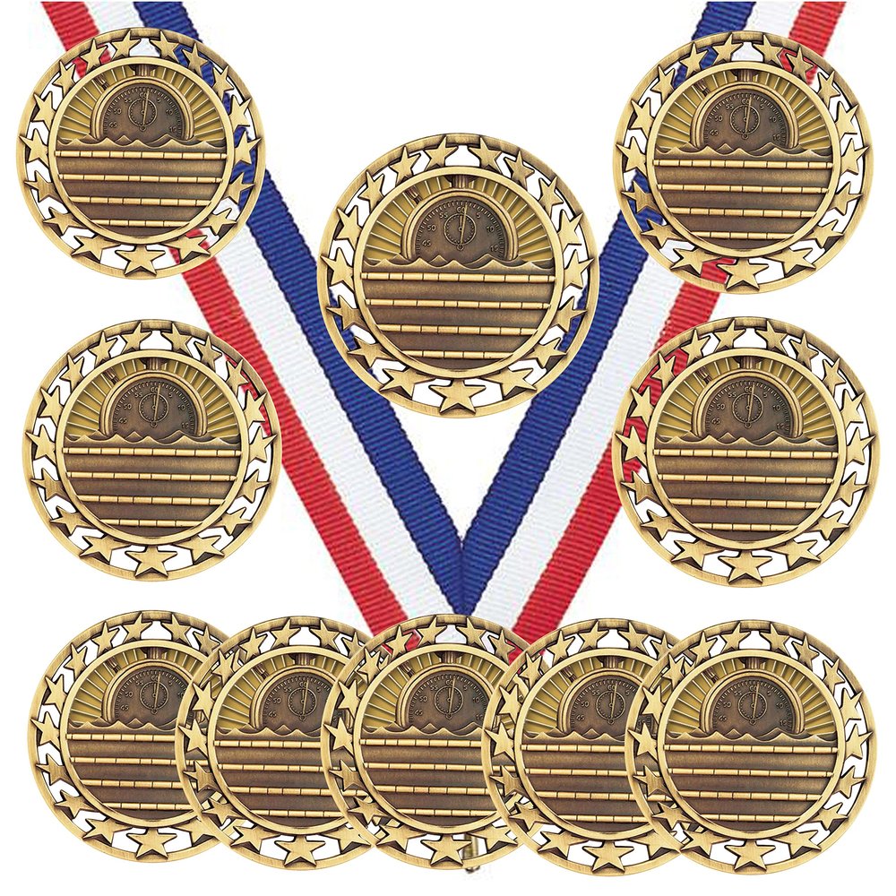 10 Pack of Swimming Swim Gold Medals Trophy Award with Neck Ribbons SM