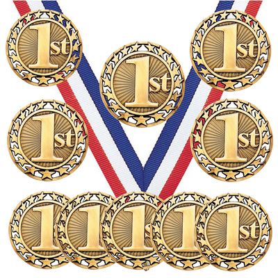 10 Pack of 1st Place Gold Medals Trophy Award with Neck Ribbons SM