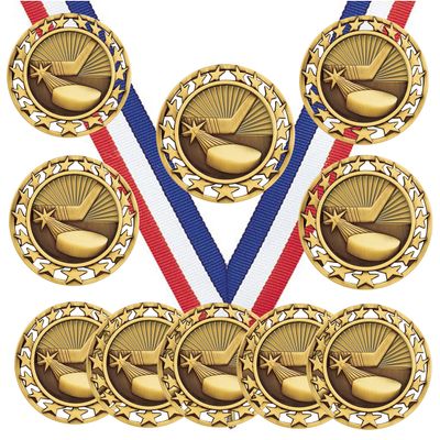 10 Pack of Ice Hockey Gold Medals Trophy Award with Neck Ribbons SM