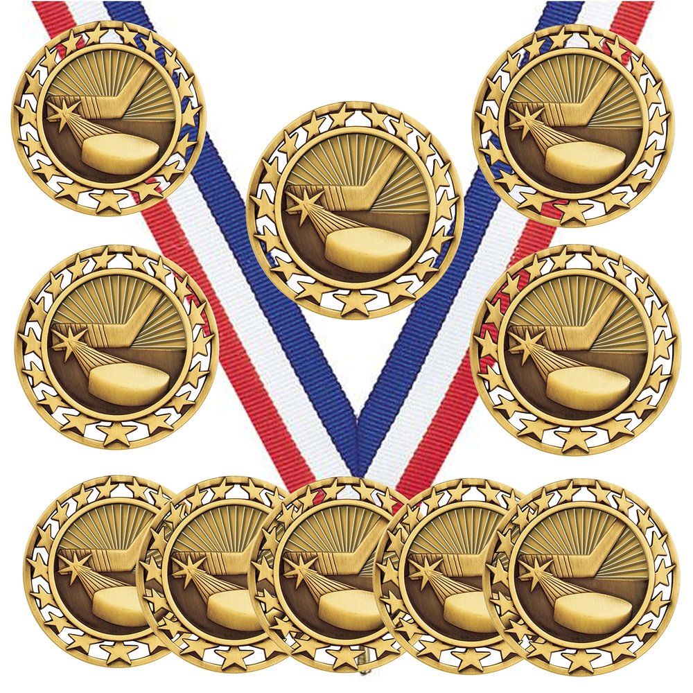 10 Pack of Ice Hockey Gold Medals Trophy Award with Neck Ribbons SM