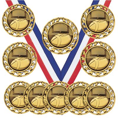 10 Pack of Football Gold Medals Trophy Award with Neck Ribbons SM
