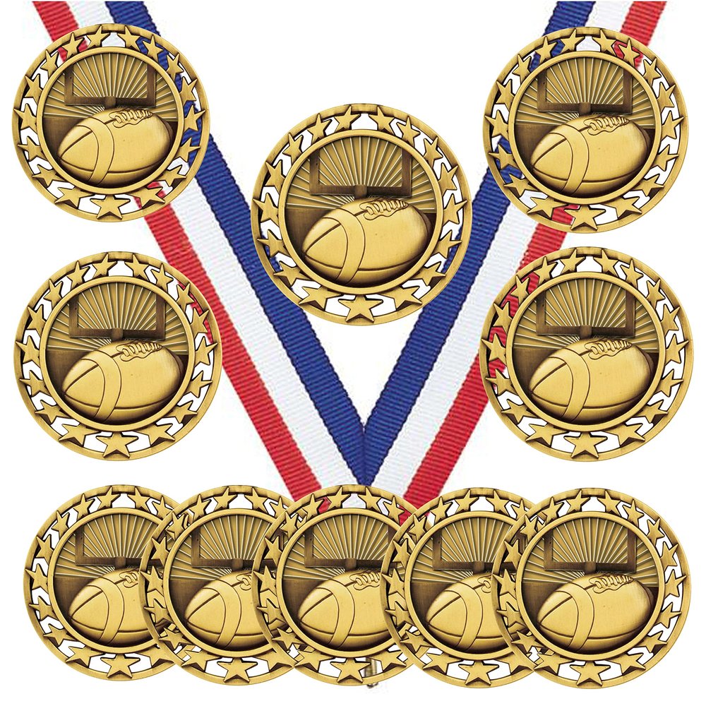 10 Pack of Football Gold Medals Trophy Award with Neck Ribbons SM