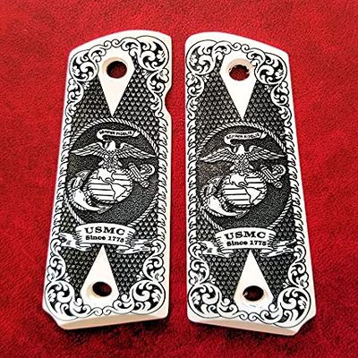 Colt 1911 Full Size Custom 3D Engraved Imitation Ivory Scrimshaw Grips Scroll US Marines Semper Fidelis Checkered