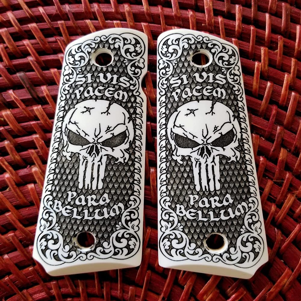 Cotl 1911 Full Size Custom Engraved Imitation Ivory Grips Scroll Skull para Bellum