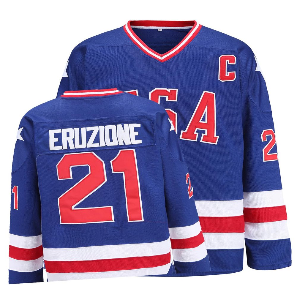YWIES Hockey Jersey of USA 1980 Olympic Team Jerseys #21 Mike Eruzione Stitched Letters and Numbers Blue S-XXXL