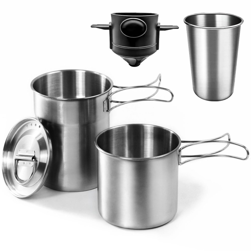 4Pcs Foldable Camping Cups & Mugs Pot 304-Food-Grade Camping Pot Cookware Set Stainless Steel Outdoor Camp Cooking Set with Vented lid Coffee Filter Stainless Steel Backpacking Cup (33+24oz)