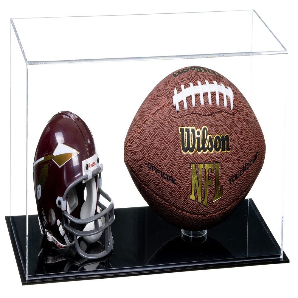 Better Display Cases Acrylic Display Case for Full Size Football and Mini Helmet - Large Rectangle Box with Clear Case and Black Base 19.25" x 8.25" x 8" (A103/B47)