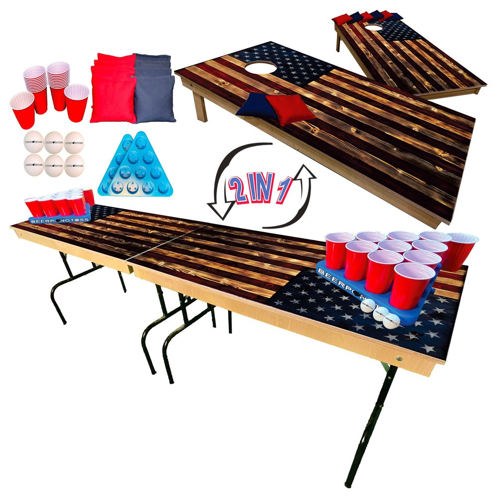 Beerpongtoss 2-in-1 Cornhole & Pong Table - 4x2Ft Boards, 8Ft Pong Table, 8 Bags, 6 Balls, 22 Cups, 2 Racks - Wood, USA Made