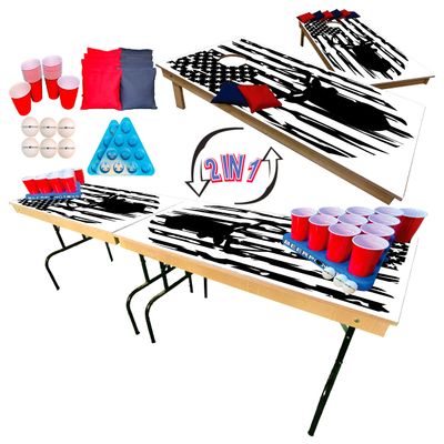 2-in-1 Cornhole & Pong Table - for College, Tailgate, Parties | Includes - 8FtPong Table, Cornhole Board Set 4x2Ft, (8) Cornhole Bags (22) Cups (6) Pong Balls & (2) Racks (White Deer Flag)