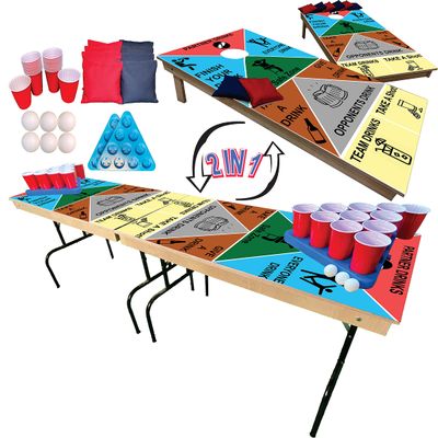 2-in-1 Cornhole & Pong Table - for College, Tailgate, Parties | Includes - 8FtPong Table, Cornhole Board Set 4x2Ft, (8) Cornhole Bags (22) Cups (6) Pong Balls & (2) Racks (Drinking Game)