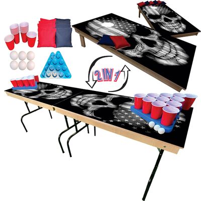 2-in-1 Cornhole & Pong Table - For College, Tailgate, Parties | Includes - 8FtPong Table, Cornhole Board Set 4x2Ft, (8)Cornhole Bags (22)Cups (6)Pong Balls & (2)Racks (American Grey Skull)
