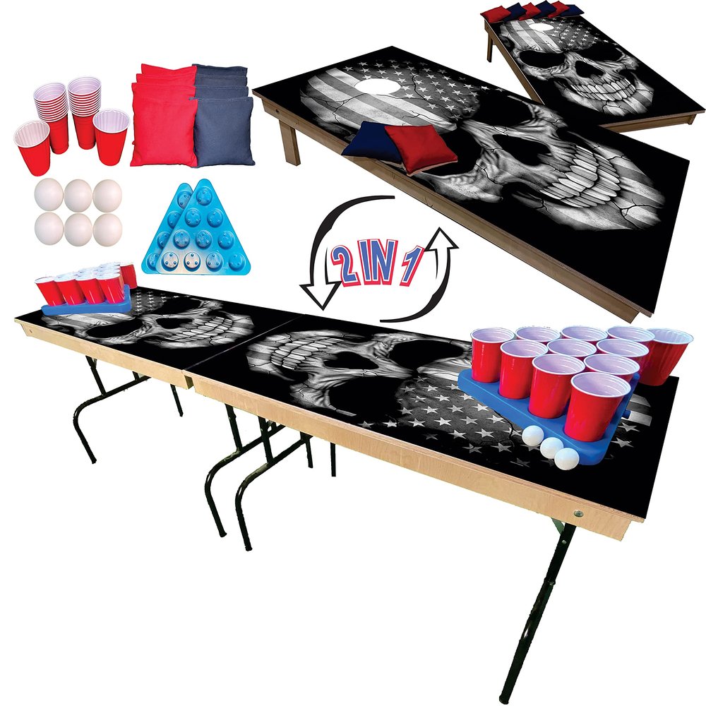 2-in-1 Cornhole & Pong Table - For College, Tailgate, Parties | Includes - 8FtPong Table, Cornhole Board Set 4x2Ft, (8)Cornhole Bags (22)Cups (6)Pong Balls & (2)Racks (American Grey Skull)