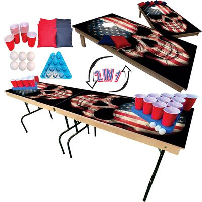 2-in-1 Cornhole & Pong Table - for College, Tailgate, Parties | Includes - 8FtPong Table, Cornhole Board Set 4x2Ft, (8) Cornhole Bags (22) Cups (6) Pong Balls & (2) Racks (American Skull)