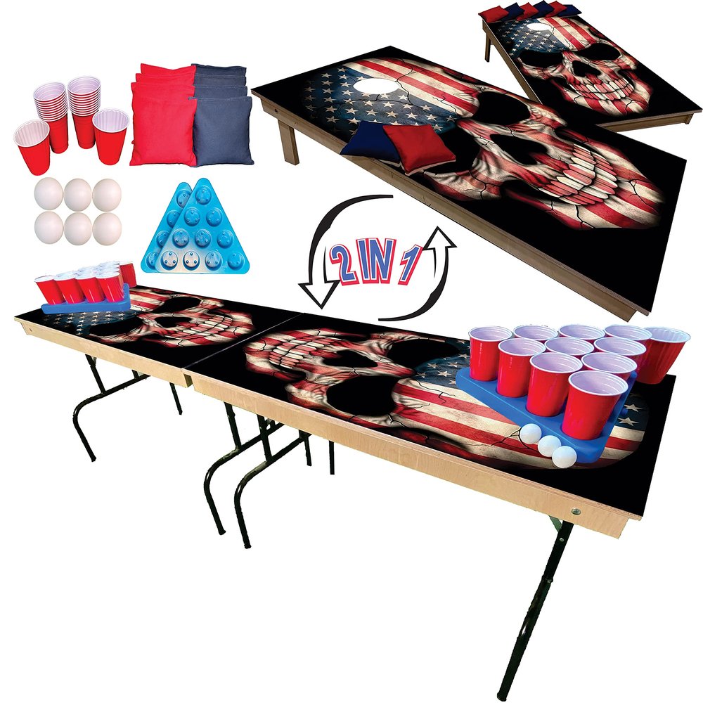2-in-1 Cornhole & Pong Table - for College, Tailgate, Parties | Includes - 8FtPong Table, Cornhole Board Set 4x2Ft, (8) Cornhole Bags (22) Cups (6) Pong Balls & (2) Racks (American Skull)