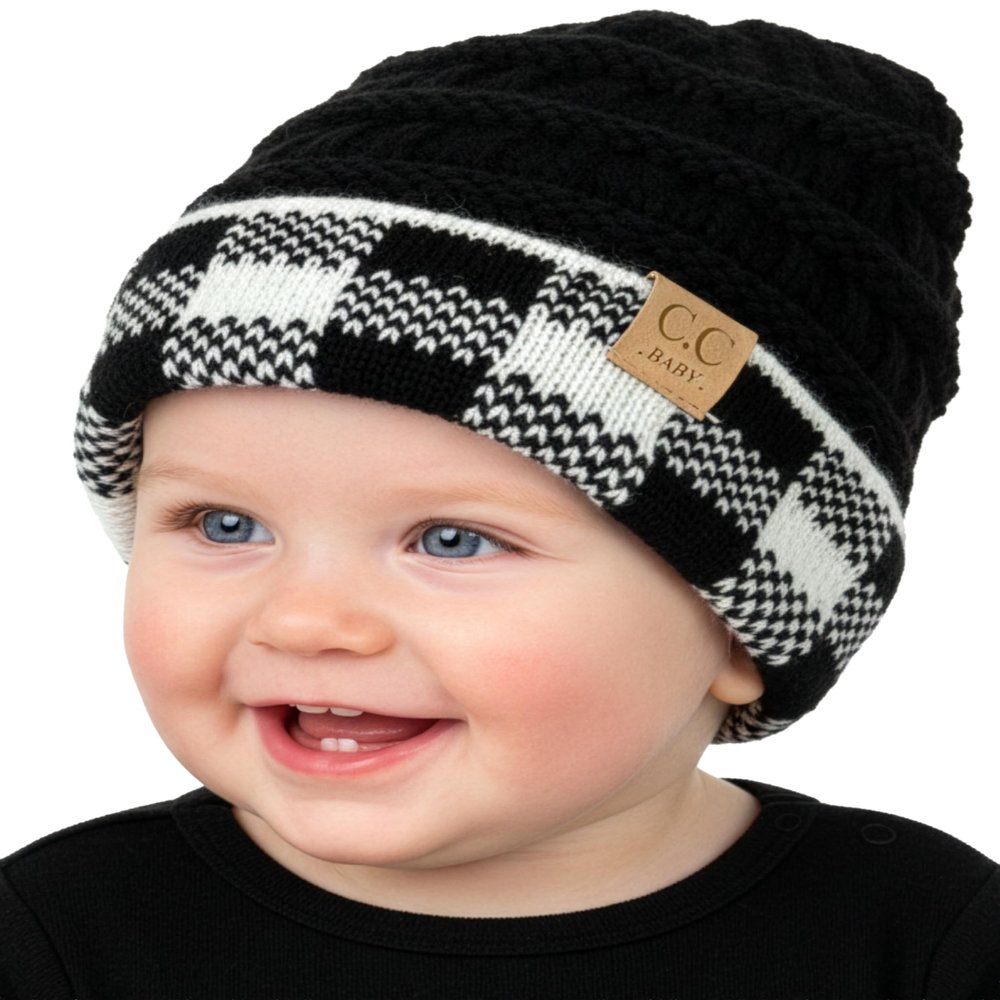 Funky Junque Baby Winter Hat Cute Newborn Beanie, Infant Girl Hats 012 Months, Soft Knit Baby Beanies for Boys & Girls, Cozy Warm Stocking Stuffer Gift: Buffalo Check - Black/White