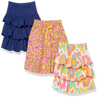 Amazon Essentials Girls' Knitted Ruffle Scooter Skirts with Elastic Waist and Built in Shorts (Previously Spotted Zebra), Pack of 3, Navy/Pink Candy/White Rainbow Print, Medium