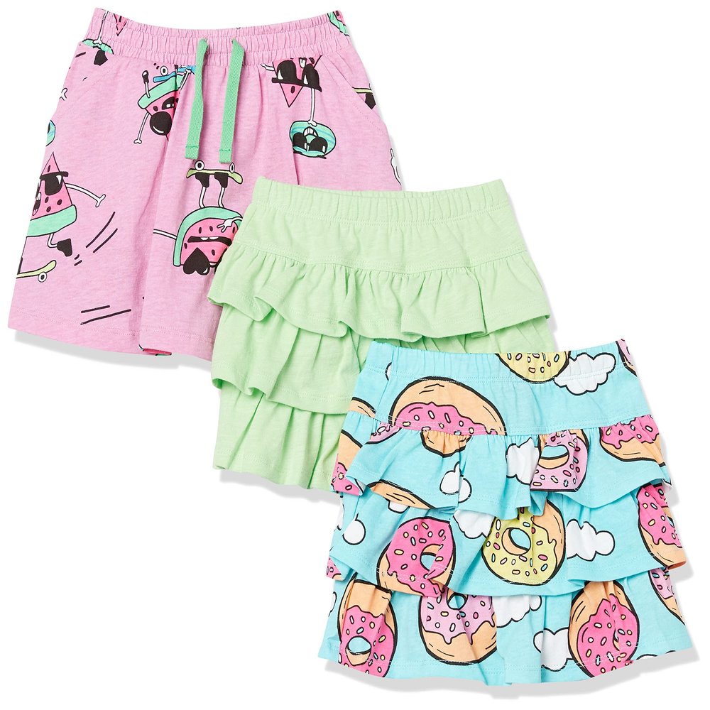 Amazon Brand - Spotted Zebra Girls' Knit Ruffle Scooter Skirts, 3-Pack Donut/Watermelon/Green, XX-Large
