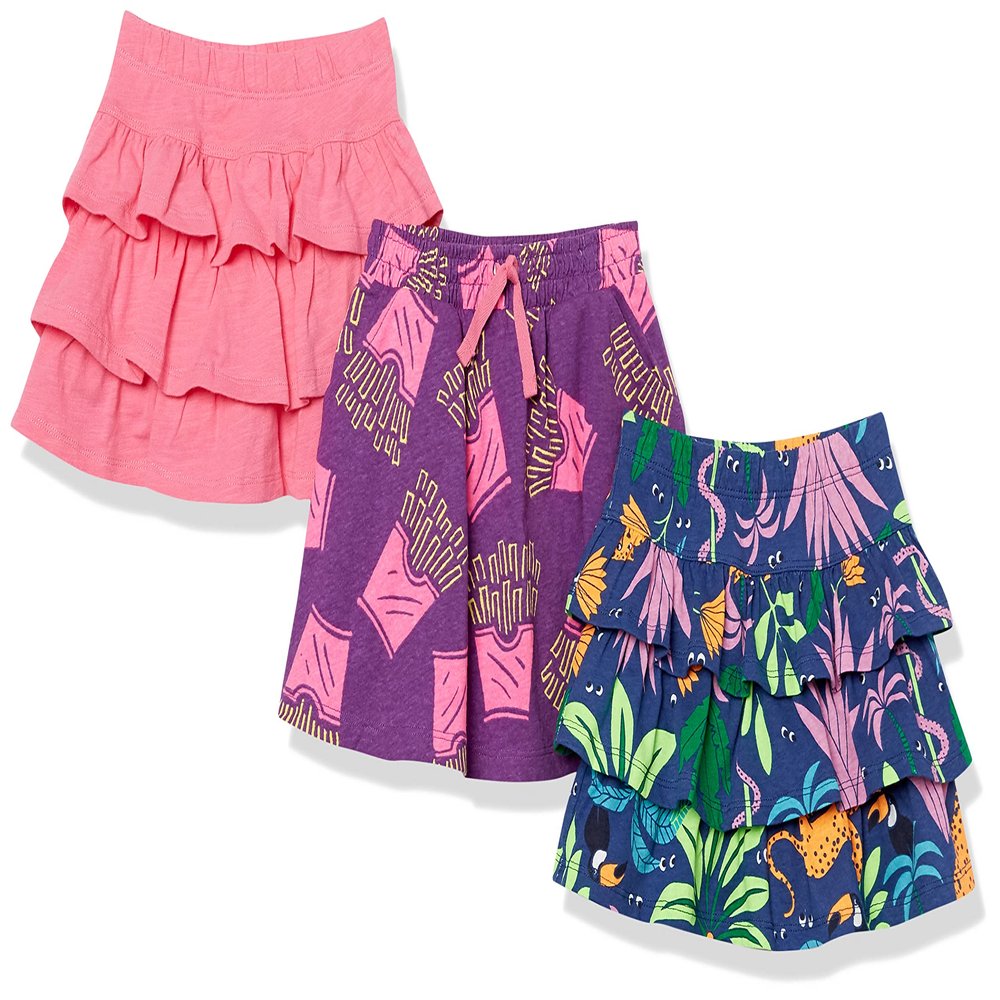 Amazon Brand - Spotted Zebra Girls' Knit Ruffle Scooter Skirts, 3-Pack Jungle/Fries/Pink, Medium