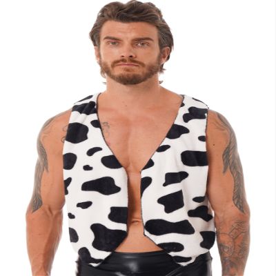 YOOJIA Men's Cow Print Vest Open Front Sleeveless Cardigan Waistcoat Cowboy Halloween Cosplay Tops Black XX-Large