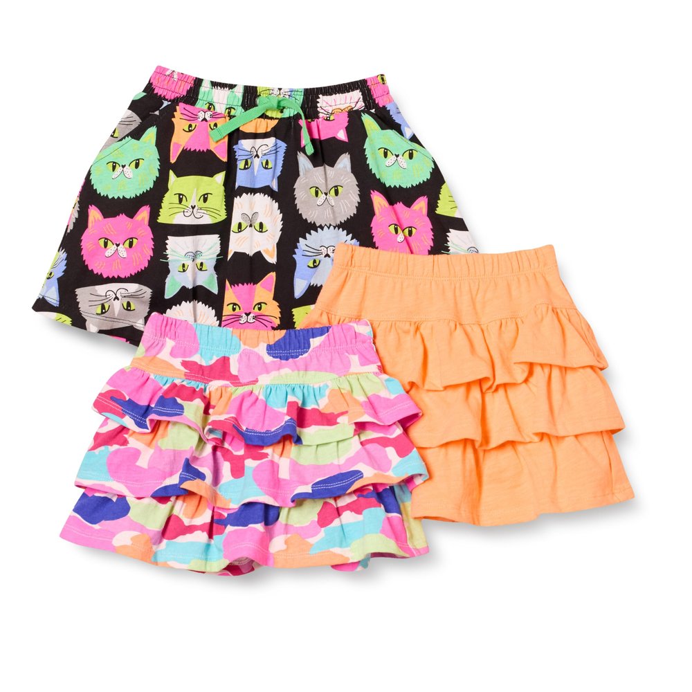 Amazon Essentials Toddler Girls' Knitted Ruffle Scooter Skirts (Previously Spotted Zebra), Pack of 3, Black Cat/Light Orange/Pink Rainbow Print, 2T