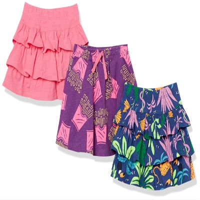 Amazon Essentials Toddler Girls' Knitted Ruffle Scooter Skirts with Elastic Waist and Built in Shorts (Previously Spotted Zebra), Pack of 3, Navy Jungle/Pink/Purple Fries, 2T