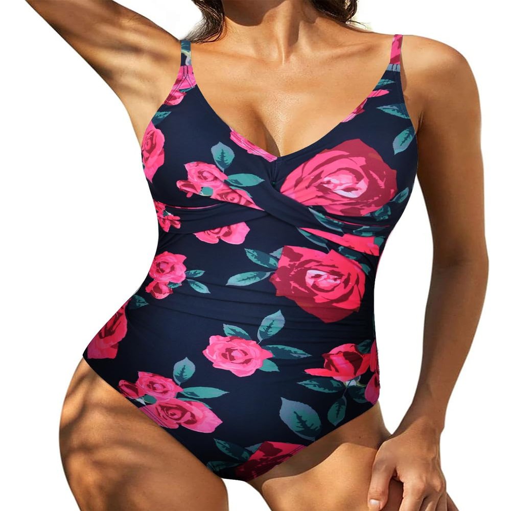 Hilor Slimming One Piece Swimsuit for Women Ruched Tummy Control Swimwear Sexy V Neck Bathing Suits Monokini Red Rose 8