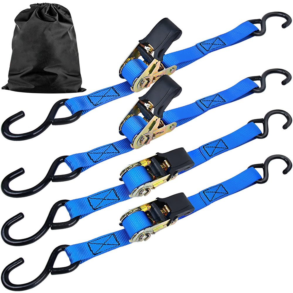 Boat Trailer Transom Tie Down Straps, 4 Pack Heavy Duty Ratchet Straps with S-Hooks for Boats, Jet Skis, Kayak, Pontoon, Cargo Freight, Superior Break Strength of 1,764lbs, 1in x 16ft, Blue
