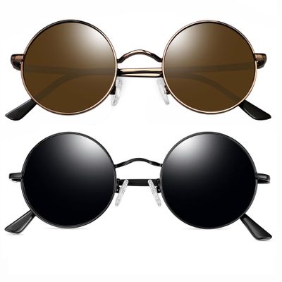 Joopin Black Round Sunglasses & Brown Circle Sun Glasses, Small Metal Shades for Women Men Polarized UV400 Hippie Sunnies Costume