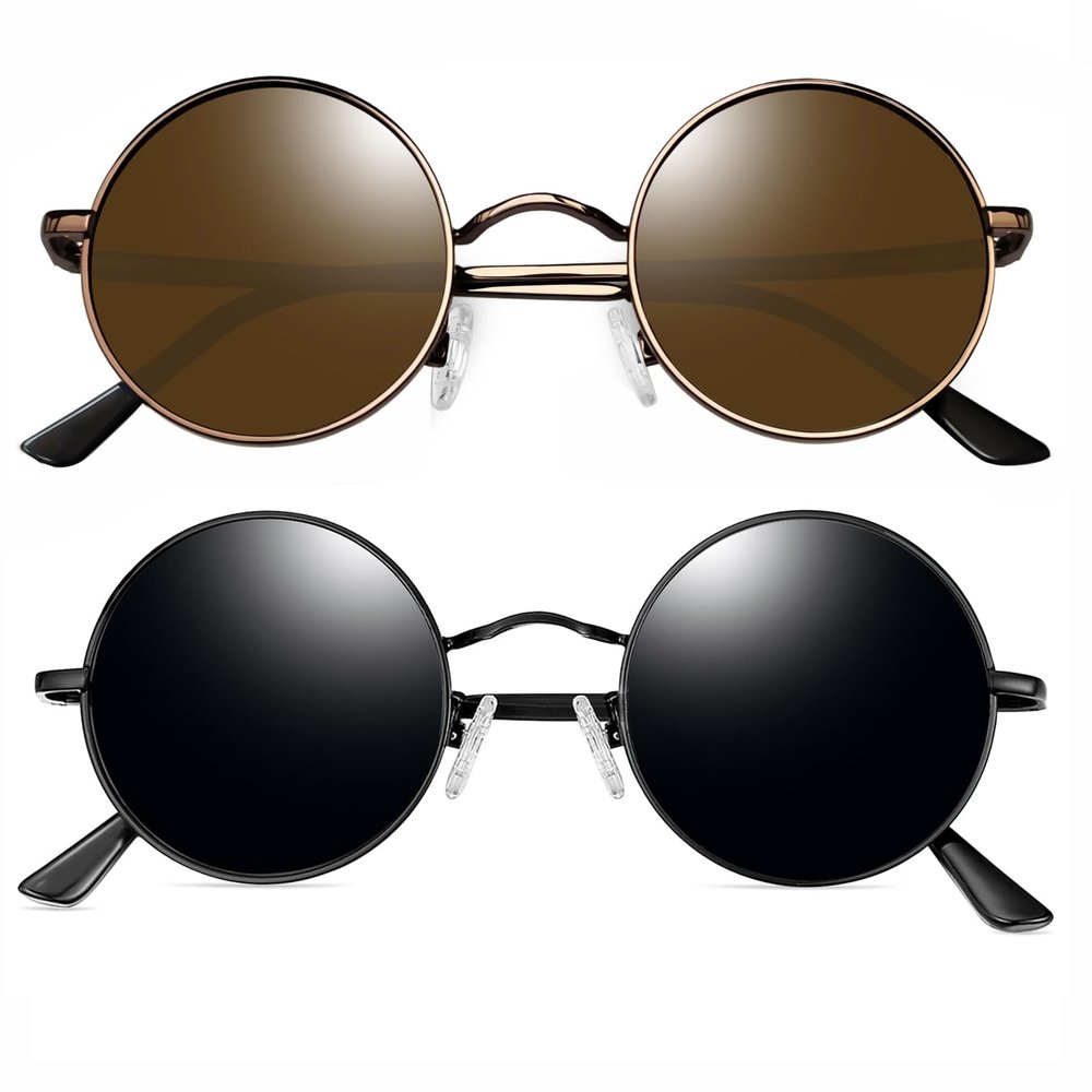 Joopin Black Round Sunglasses & Brown Circle Sun Glasses, Small Metal Shades for Women Men Polarized UV400 Hippie Sunnies Costume