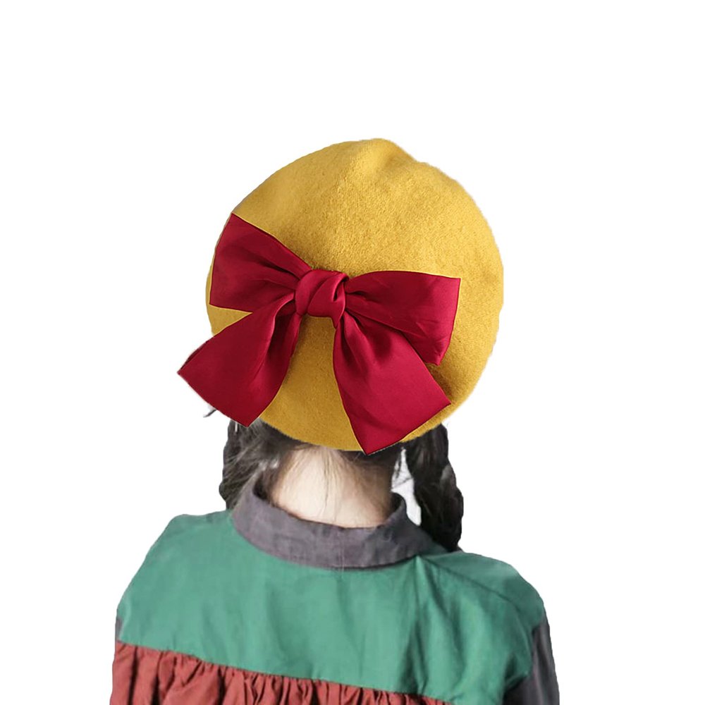 seven wolves Kids Girls Winter Warm 100% Wool Beret Hats Fedoras with Bowknot Winter Beanie Cap, 1-Yellow