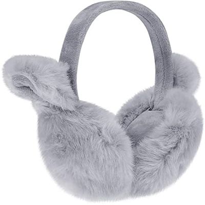 IPENNY Womens Girls Winter Warm Cute Cat Earmuffs Soft Plush Ear Warmer Outdoor Ear Covers Earflap Headband (With Ear,Grey)
