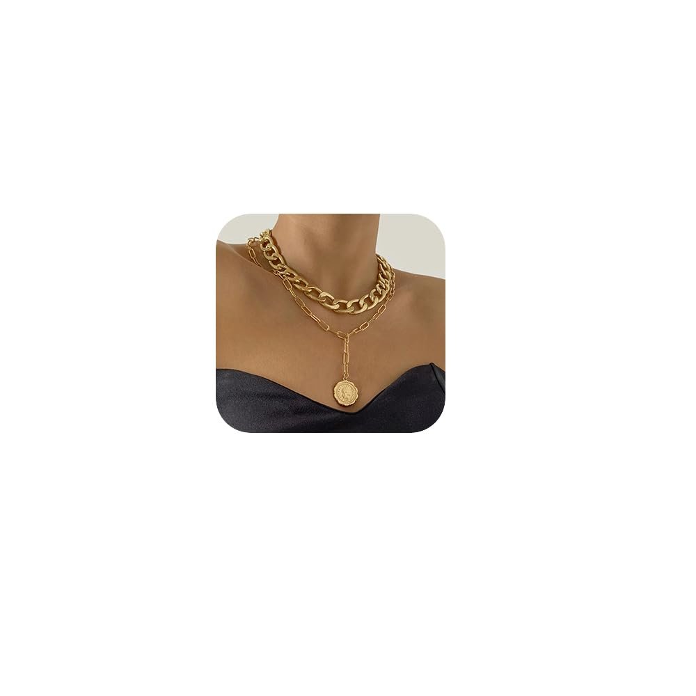JWICOS Gold Boho Cuban Chunky Necklace Layered Dainty Paperclip with Coin Pendant Choker Chain for Women (Gold)