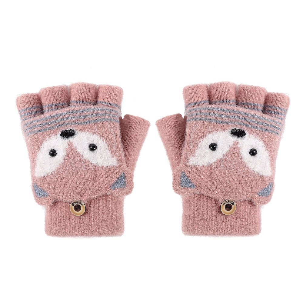 RUIXIA Kids Knitted Half Finger Gloves with Flip Top Winter Warm Cute Fox Face Typing Gloves Convertible Mittens for Girls Boys, Pink, One Size