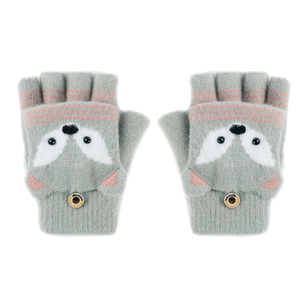 RUIXIA Kids Knitted Half Finger Gloves with Flip Top Winter Warm Cute Fox Face Typing Gloves Convertible Mittens for Girls Boys, Grey Green, One Size