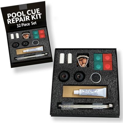 Freetime Fun Pool Cue Tips Replacement Kit, Includes Pool Stick Tips, Aluminum Pool Cue Clamps, Cue Tips Shaper, Rubber Cue Bumpers, Ferrules, Chalk, and Cement- 32 Piece