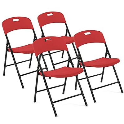 Creative Outdoor 4 Portable Plastic Folding Chairs, Sturdy Design, Indoor/Outdoor Events, Perfect Foldable Chairs for Camping/Picnic/Tailgating/Party (Red Set of 4 Chairs)