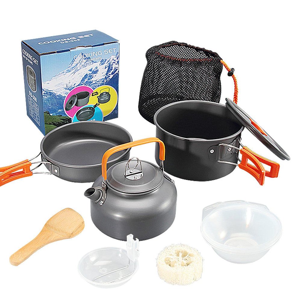 Outdoor Pot Set Portable Camping Teapot Aluminum Material with Accessories Orangehandleandaccessories