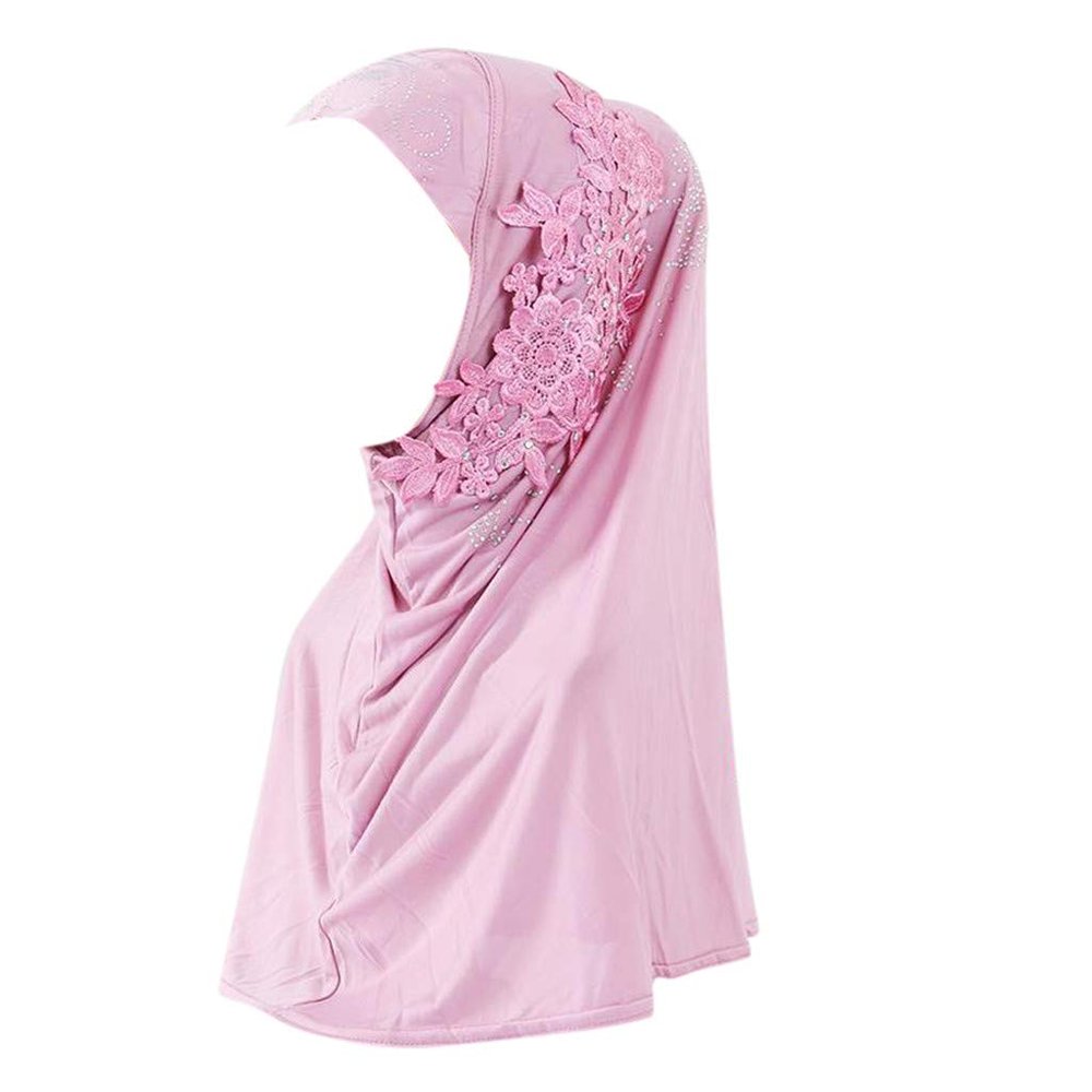 Women One Piece Muslim Hijab Lace Applique Head Wrap Scarf Shawl with Rhinestones Instant Muslim Wraps (Pink, one Size)