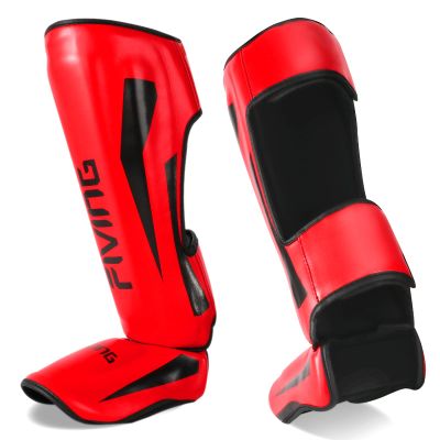 FIVING MMA Martial Arts Shin Guards Padded, Adjustable Muay Thai Leg Guards with Instep Protection for Kickboxing/MMA Training and Sparring Durable, Professional Equipment (Red, Medium)