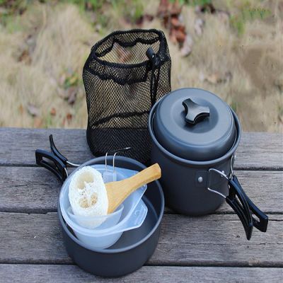 Outdoor Portable Camping Pot Set Cookware Mess Kit 1-2 Person Picnic Barbecue Pots and Utensils Blackhandle